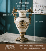 Large Double-Handle Floral Ceramic Vase with Bronze-Tone Resin Pedestal – 42 cm Chinoiserie Statement Urn