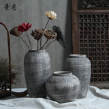 Grey White Crosshatched Rustic Ceramic Vase – New Chinese Style Round & Tall Branch Vessel