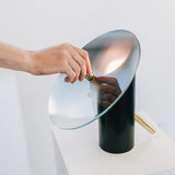 Postmodern Tilted Glass Disc Table Lamp – 26cm Black & Clear Sculptural Bedside Light