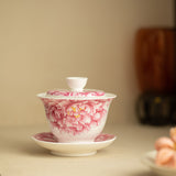 Handcrafted Dehua Mutton Fat Jade Porcelain 360-Degree Filter Hovering Sancai Gaiwan with Peony Relief - 160ml Gongfu Tea Bowl