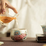 Antique Song-Style Ru Ware Celadon 24K Gilded Peony Master Teacup - 85ml Gongfu Tasting Cup
