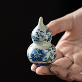 Authentic Ru Ware Celadon Blue & White Intertwined Lotus Mini Gourd Tea Pet - Desk Ornament