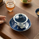 Authentic Rock Mineral White Splashed-Blue Sgraffito Lotus Two-Talent Gaiwan - 160ml Tea Bowl