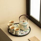 Imperial Enamel Peony Overhead-Handle Teapot & Dry-Brewing Tray Set - 6-Piece Gongfu Tea Set with Gift Box
