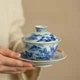 Authentic Jingdezhen Luxury Underglaze Blue & White Large Sancai Gaiwan & Tasting Cup Suite - 180ml Gaiwan Tea Bowl Set