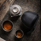 Authentic Coarse Stoneware Quick Kuai Ke Portable Travel Tea Set - 1 Pot + 2 Cups with Travel Case