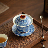Authentic Blue & White Lotus Rhyme Hover-Suspension San Cai Gaiwan - 165ml Anti-Scald Gongfu Tea Bowl