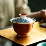 Authentic Forbidden City Red Floral Lattice Two-Talent Gaiwan - 160ml Anti-Scald Tea Bowl