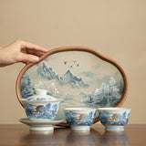 Authentic Jingdezhen Blue & White Landscape Guochao Ceramic Tea Set - Complete Gongfu Ceremony Set with Tray
