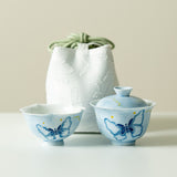 Handcrafted Dreamy Blue Butterfly Relief Fuling Portable Travel Tea Set - 3pc Suite with Case