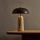 Aureus Bauhaus Yellow Travertine Mushroom Table Lamp – Black Dome Natural Stone Designer Light