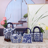 Blue & White Ceramic Handbag Vase Collection – 4 Chinoiserie Tote & Bamboo Floral Forms