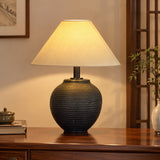 Charcoal Ripple Ribbed Ceramic Table Lamp – New Chinese Wabi-Sabi Black Bedside Light
