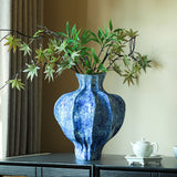 Sculptural Blue Ribbed Jingdezhen Ceramic Vase – 34 cm New Chinese Wabi-Sabi Statement Flower Vessel