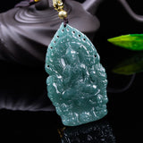 Certified Natural Grade A Blue Water Jadeite Flame Guanyin Pendant – 67 mm Avalokitesvara Relief Carving