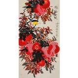 Hand-Painted Chinese Pomegranate & Bird Painting – Cui Jingzhe Inspired Red Pomegranate Xieyi Art, Three-Chi Chinese Wall Painting