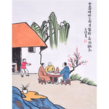 Hand-Painted Chinese Figure Painting – Feng Zikai Inspired “Friends at a Small Table with Peach Blossoms” 小桌呼朋三面坐, 45×35cm