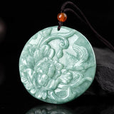 50 mm Green Magpie & Peony Carved Round Pendant – Chinese Auspicious Good-News Motif