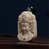 Ivory-Tone Guanyin Bodhisattva Head Pendant with Ornate Crown, Lotus & Cloud Relief - Double-Sided Hanging Ornament