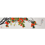 Hand-Painted Chinese Flower & Bird Painting Collection – Persimmons, Lotus, Magnolia & Birds, 138×35cm Horizontal Xieyi Art for Headboard & Living Room