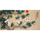 Hand-Painted Chinese Pine & Crane Longevity Painting Collection – Song He Yan Nian 松鶴延年 Red Sun, Ancient Pines & Red-Crowned Cranes, 12 Artwork Styles, 138×68cm