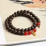 Muxiang Xiji Herbal Incense Bead Bracelet Collection – 8mm & 10mm Single/Double Wrap with Red Accents & Gold-Tone Charm