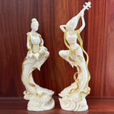 Ivory Nut Dunhuang Flying Apsara Musician Statue Pair with Pipa & Drum - Natural or Gold Accent Vegetable Ivory