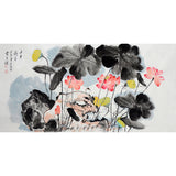 Hand-Painted Chinese Lotus Painting – Jia Guangjian Inspired Shili Hexiang 十里荷香, Pink Lotus Pond & Expressive Ink Leaves, 138 × 68 cm Horizontal Wall Art