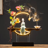 Illuminated LED Moon Ring Chinese Beauty Incense Display – 35cm Floral Backflow & Stick Incense Sculpture for Tea Rooms and New Chinese Decor