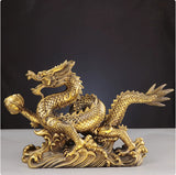 Long Teng Si Hai 龙腾四海 Qing Long Xi Zhu Dragon & Pearl Copperware Sculpture – 16–100cm | Chinese Auspicious Dragon for Office, Entrance, Living Room & Business Gift