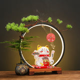 Lucky Cat Prosperity LED Ring Decor – Maneki Neko Feng Shui Inspired Wealth Display with Bonsai Frame for Home, Office & Shop Opening Gifts