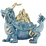 Antique Blue & Gold Brass Dragon Turtle Mountain Sculpture – Feng Shui Wealth, Protection & New Chinese Home Decor