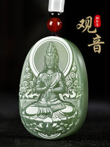 Certified Natural Hetian Jade Guanyin Pendant – Celadon Green & Mutton-Fat White Nephrite, 52 mm
