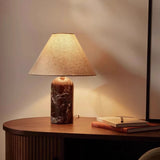 Rosso Levanto Natural Marble Table Lamp with Linen Shade – Wabi-Sabi Luxury Bedside Lighting