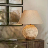 Round Stone-Finish Ceramic Table Lamp – 46cm Wabi-Sabi Bedside Light with Linen Shade for Japandi, New Chinese & Neutral Interiors, International Plug Options