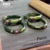 Certified Russian Spinach Green Hetian Jade Gold-Painted Floral Bangle – Enamel-Carved Nephrite Bracelet, 54–62mm