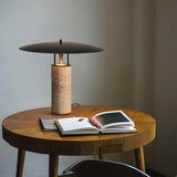 Postmodern Travertine Table Lamp – Black Floating Disc or Ivory Glass Dome Shade with Natural Stone Column