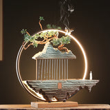 New Chinese Zen LED Ring Rain-Curtain Water Fountain – Bonsai Mountain with Monk or Horse, 45–57 cm