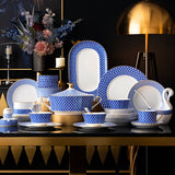 Dongli Youran Cobalt Blue Geometric Bone China Dinnerware Collection – 38, 42 & 60-Piece Gift Sets, Bowls, Plates & Serving Pieces