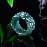 Certified Grade A Blue Water Jadeite Dragon King Ring – Icy Teal Carved Jade Band, 17–22 mm