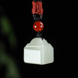 Certified Natural Hetian Jade Mini Seal Weight Pendant – White Jade ‘Wish Fulfilled’ Amulet, 16 × 15 mm