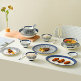 Italian Geometric Blue Bone China Dinnerware Set – Richard Ginori-Inspired 28-Piece European Tableware Collection