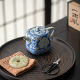 Yuan Blue & White Ru Ware Peony Square Teapot - 220ml