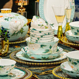 Jin Yu Man Tang Mint Peony Bone China 64-Piece Dinnerware Set – Jingdezhen Gold-Trim Chinese Tableware for 10