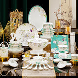 Niaomingjian Bird & Peony Bone China Dinnerware Set – Jingdezhen Mint-Green Botanical 56 & 62-Piece New Chinese Tableware