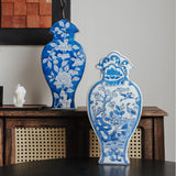 Phoenix Tail Flat Ceramic Vase – Dark Cobalt Floral or Blue & White Bird-and-Flower, 36.5 cm