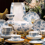 Shiliu Huakai Pomegranate Blossom Blue & White Bone China 70-Piece Dinnerware Set – Jingdezhen Gold-Trim Chinese Tableware