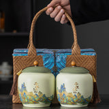 Thousand Miles Landscape Rattan-Wrapped Ceramic Tea Caddy