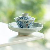 Authentic Antique Blue & White Pomegranate San Cai Gaiwan - 165ml Anti-Scald Gongfu Tea Bowl