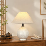 Ivory Ripple Textured Ceramic Orb Table Lamp – New Chinese Japandi Bedside & Tea Room Light